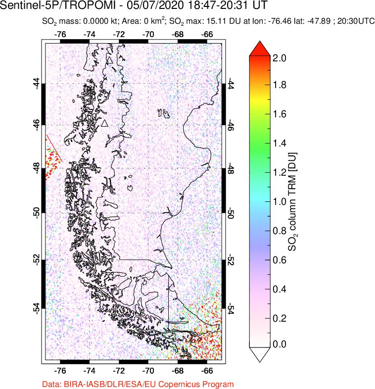 A sulfur dioxide image over Southern Chile on May 07, 2020.