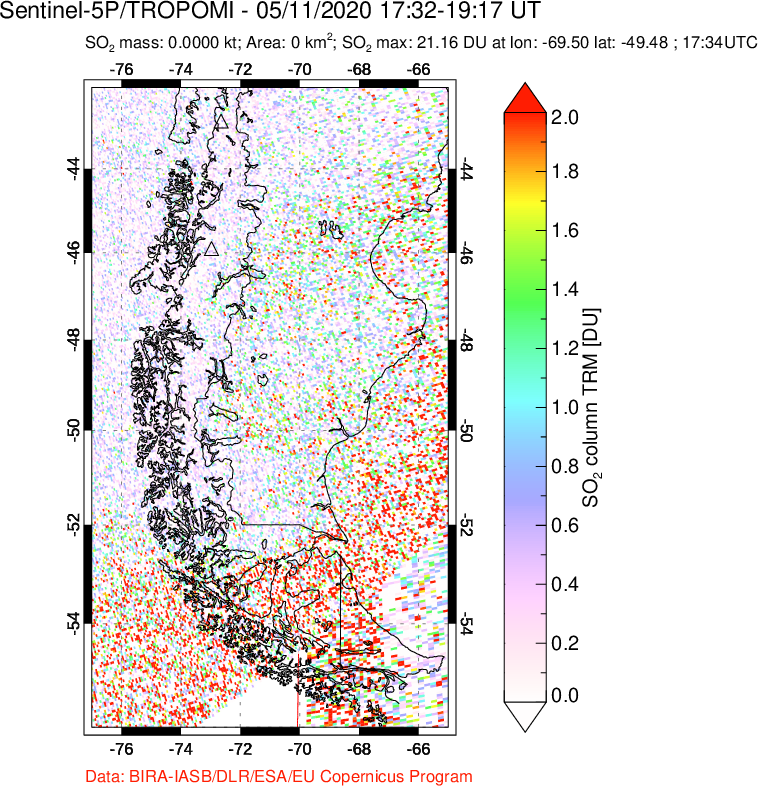 A sulfur dioxide image over Southern Chile on May 11, 2020.