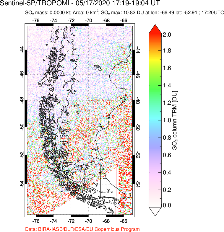 A sulfur dioxide image over Southern Chile on May 17, 2020.
