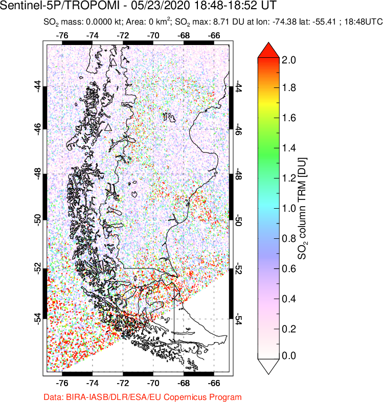 A sulfur dioxide image over Southern Chile on May 23, 2020.