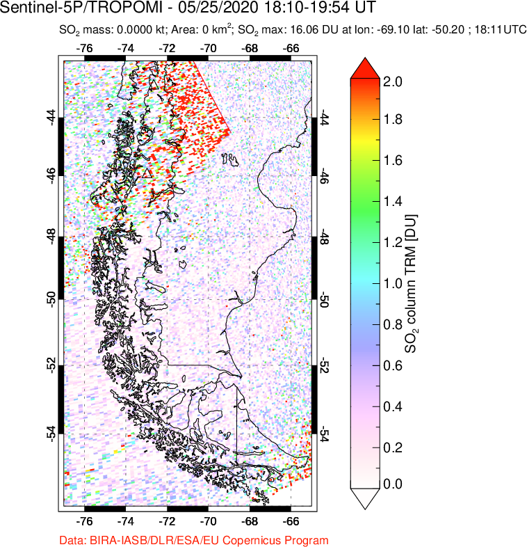 A sulfur dioxide image over Southern Chile on May 25, 2020.