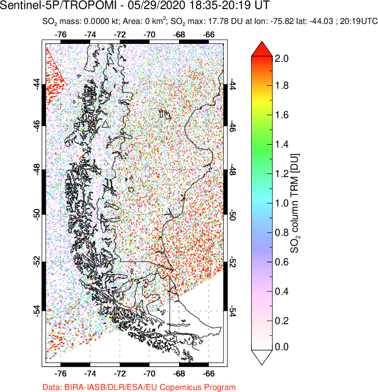 A sulfur dioxide image over Southern Chile on May 29, 2020.