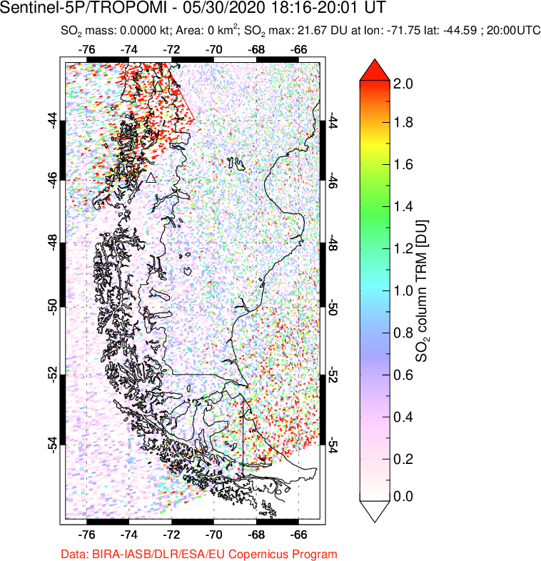 A sulfur dioxide image over Southern Chile on May 30, 2020.