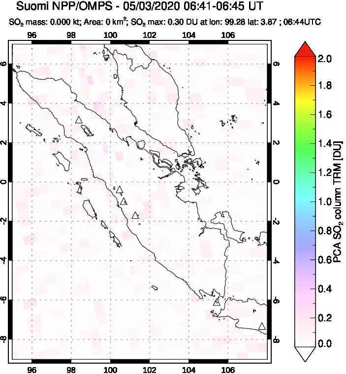 A sulfur dioxide image over Sumatra, Indonesia on May 03, 2020.