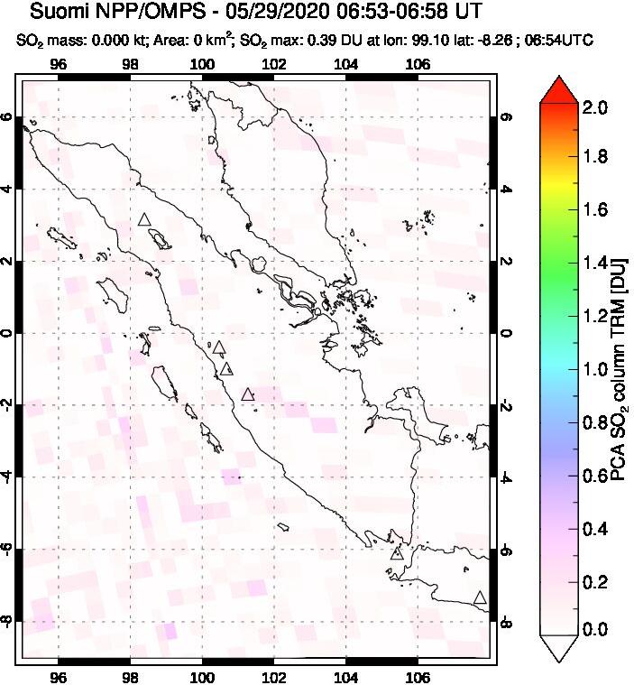 A sulfur dioxide image over Sumatra, Indonesia on May 29, 2020.