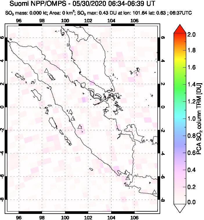 A sulfur dioxide image over Sumatra, Indonesia on May 30, 2020.