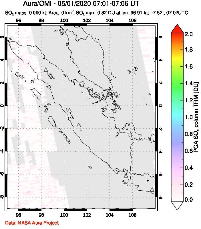 A sulfur dioxide image over Sumatra, Indonesia on May 01, 2020.