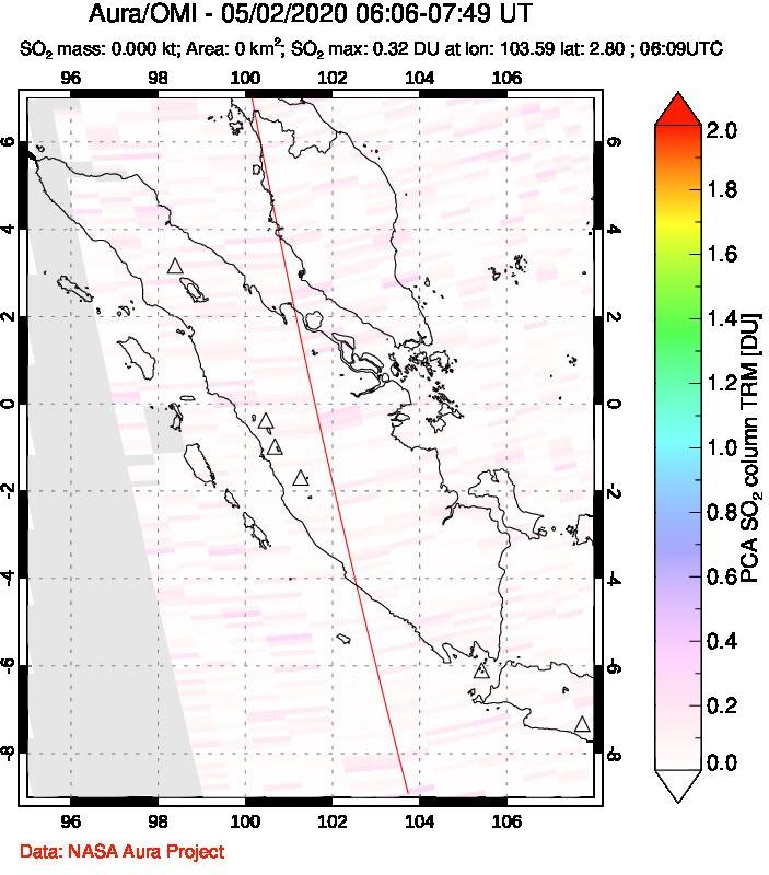A sulfur dioxide image over Sumatra, Indonesia on May 02, 2020.