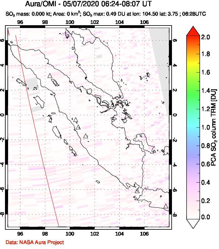 A sulfur dioxide image over Sumatra, Indonesia on May 07, 2020.