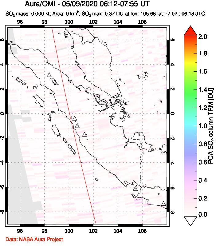 A sulfur dioxide image over Sumatra, Indonesia on May 09, 2020.