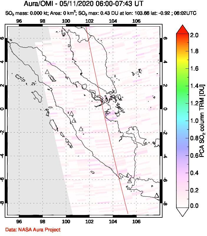 A sulfur dioxide image over Sumatra, Indonesia on May 11, 2020.