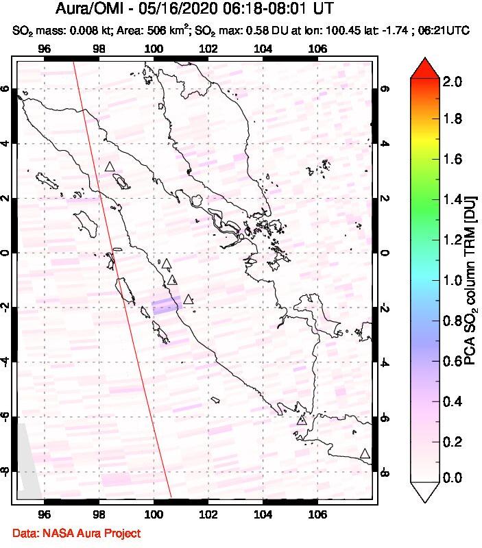 A sulfur dioxide image over Sumatra, Indonesia on May 16, 2020.