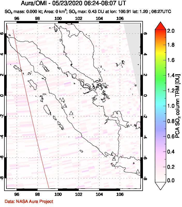 A sulfur dioxide image over Sumatra, Indonesia on May 23, 2020.