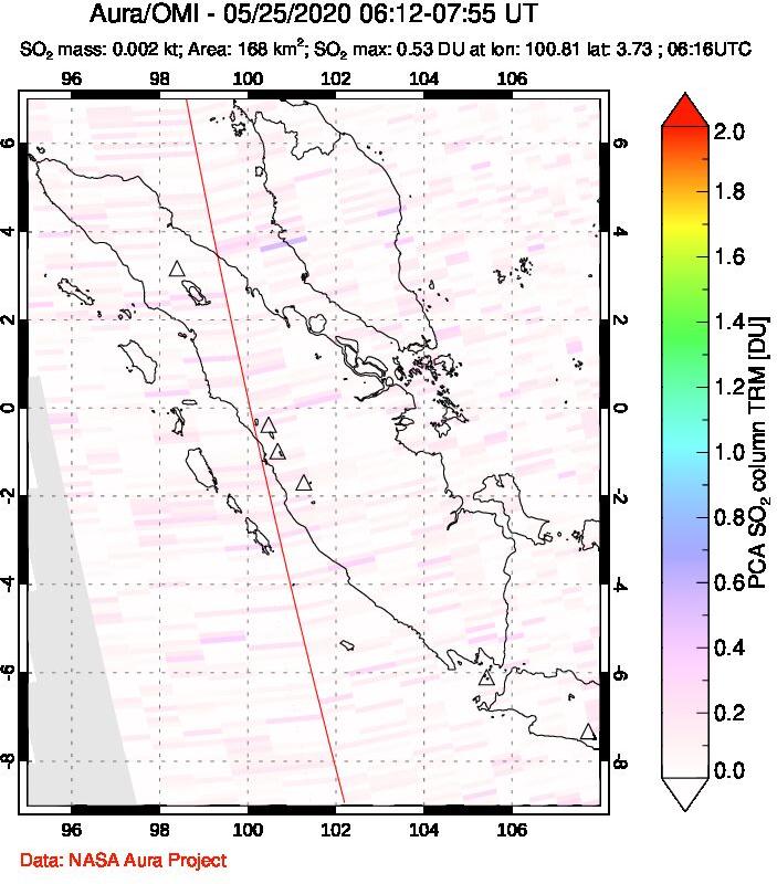 A sulfur dioxide image over Sumatra, Indonesia on May 25, 2020.