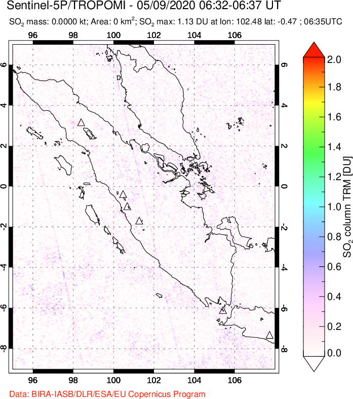 A sulfur dioxide image over Sumatra, Indonesia on May 09, 2020.
