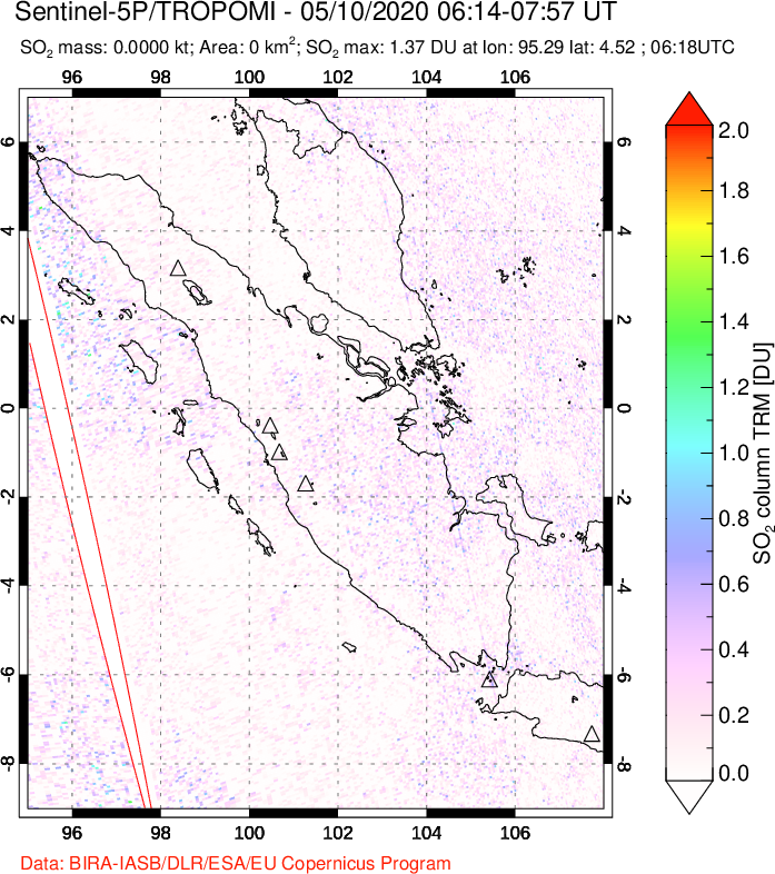 A sulfur dioxide image over Sumatra, Indonesia on May 10, 2020.