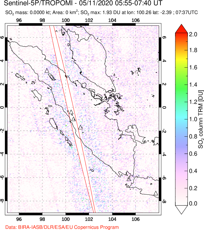 A sulfur dioxide image over Sumatra, Indonesia on May 11, 2020.