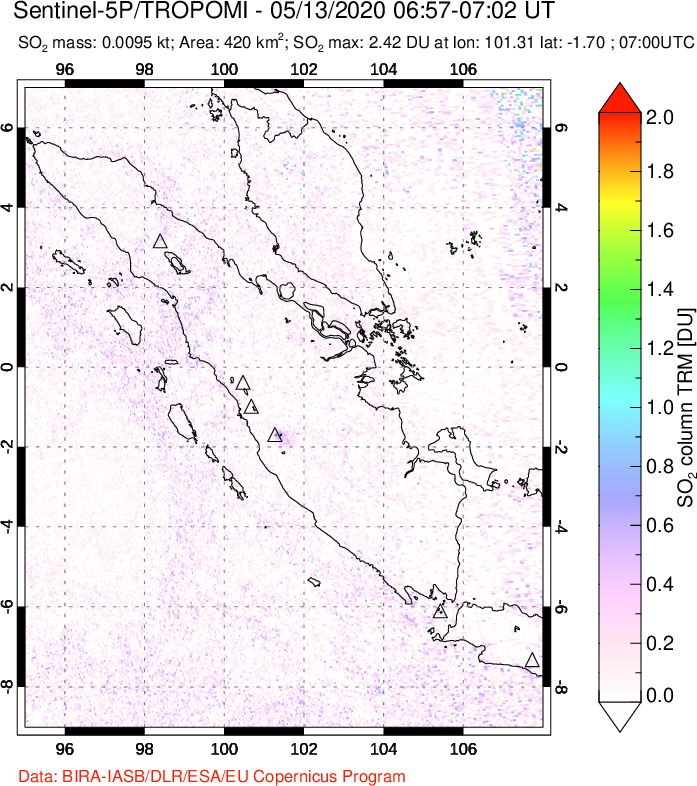 A sulfur dioxide image over Sumatra, Indonesia on May 13, 2020.