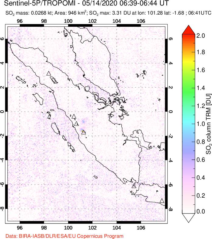 A sulfur dioxide image over Sumatra, Indonesia on May 14, 2020.