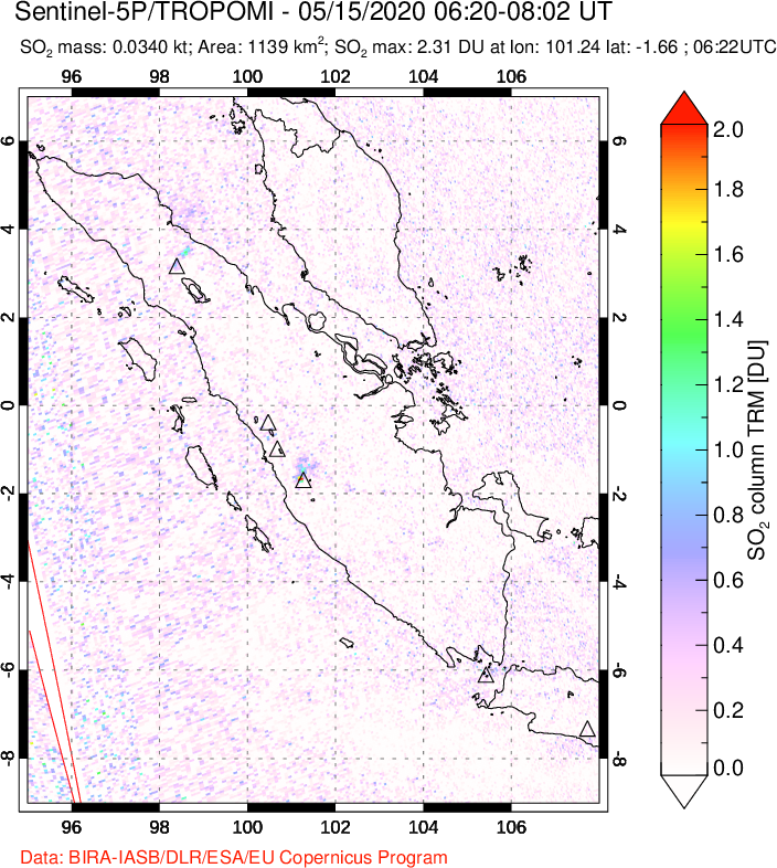 A sulfur dioxide image over Sumatra, Indonesia on May 15, 2020.