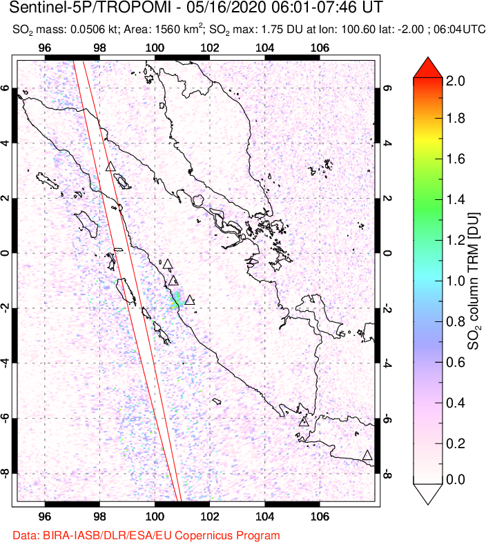 A sulfur dioxide image over Sumatra, Indonesia on May 16, 2020.