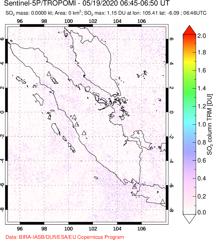 A sulfur dioxide image over Sumatra, Indonesia on May 19, 2020.