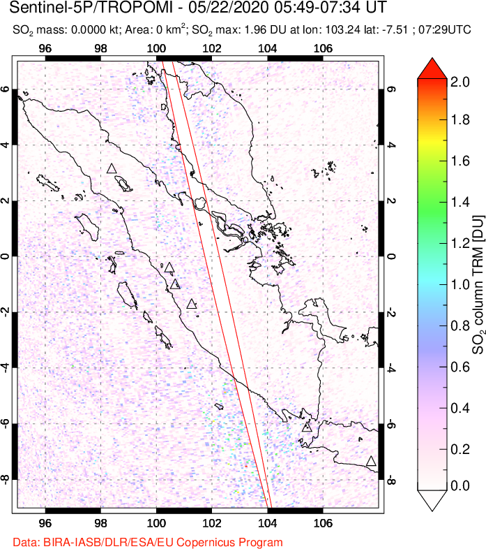 A sulfur dioxide image over Sumatra, Indonesia on May 22, 2020.