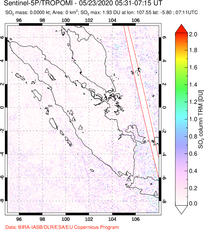 A sulfur dioxide image over Sumatra, Indonesia on May 23, 2020.