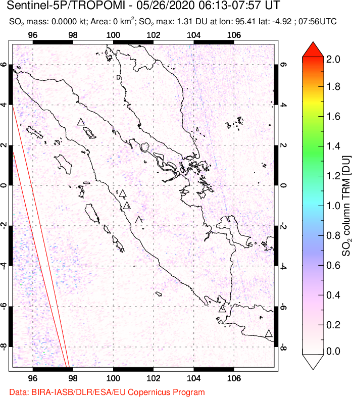 A sulfur dioxide image over Sumatra, Indonesia on May 26, 2020.