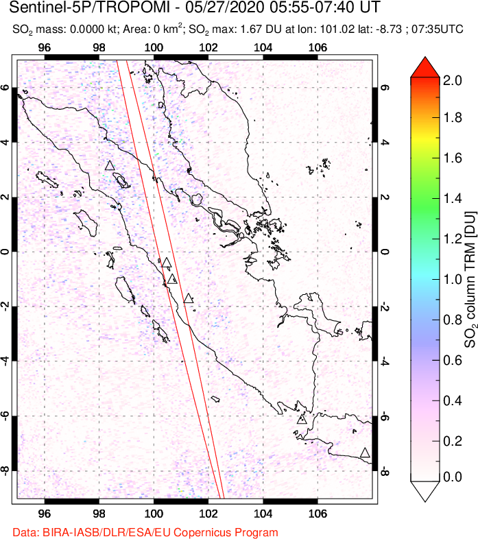 A sulfur dioxide image over Sumatra, Indonesia on May 27, 2020.