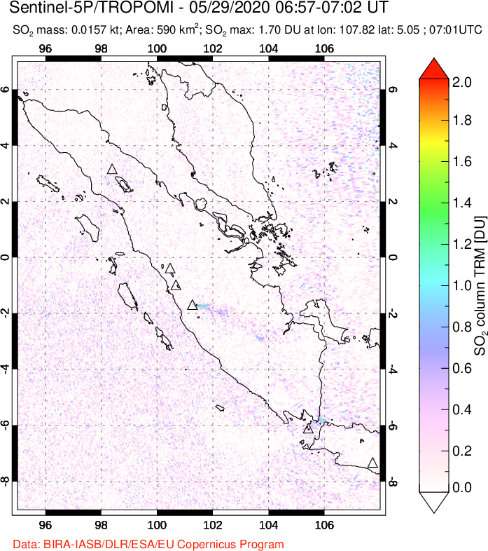 A sulfur dioxide image over Sumatra, Indonesia on May 29, 2020.