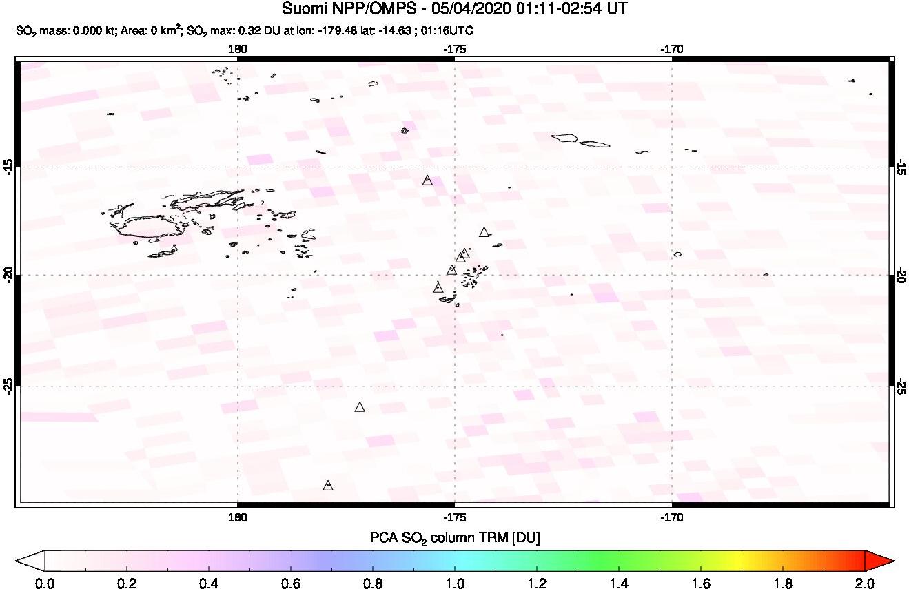 A sulfur dioxide image over Tonga, South Pacific on May 04, 2020.