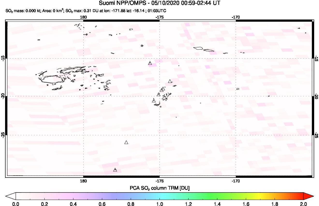 A sulfur dioxide image over Tonga, South Pacific on May 10, 2020.