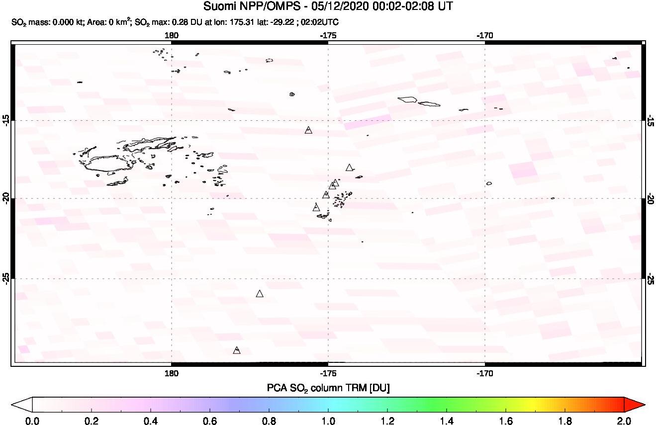 A sulfur dioxide image over Tonga, South Pacific on May 12, 2020.