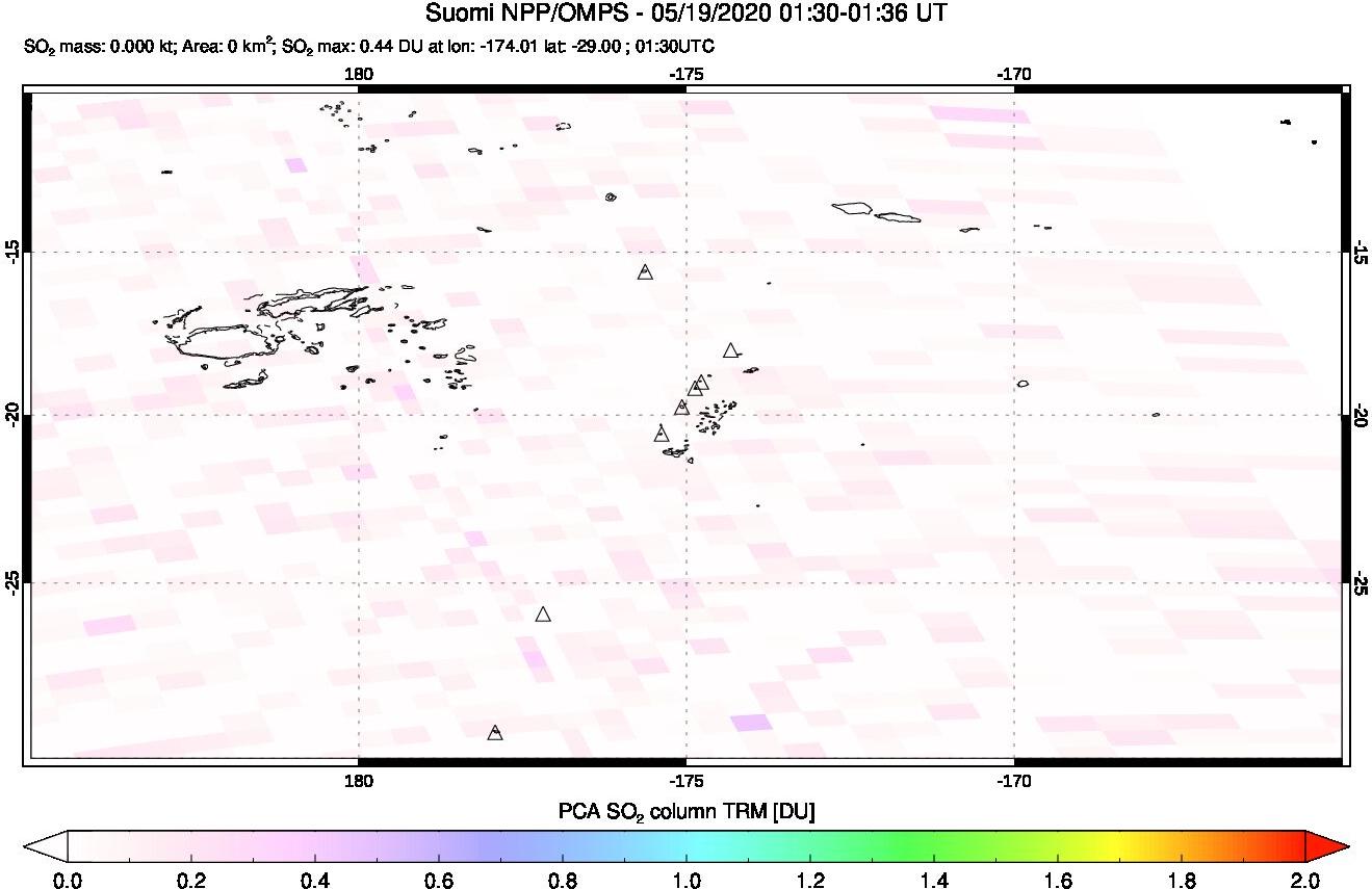 A sulfur dioxide image over Tonga, South Pacific on May 19, 2020.