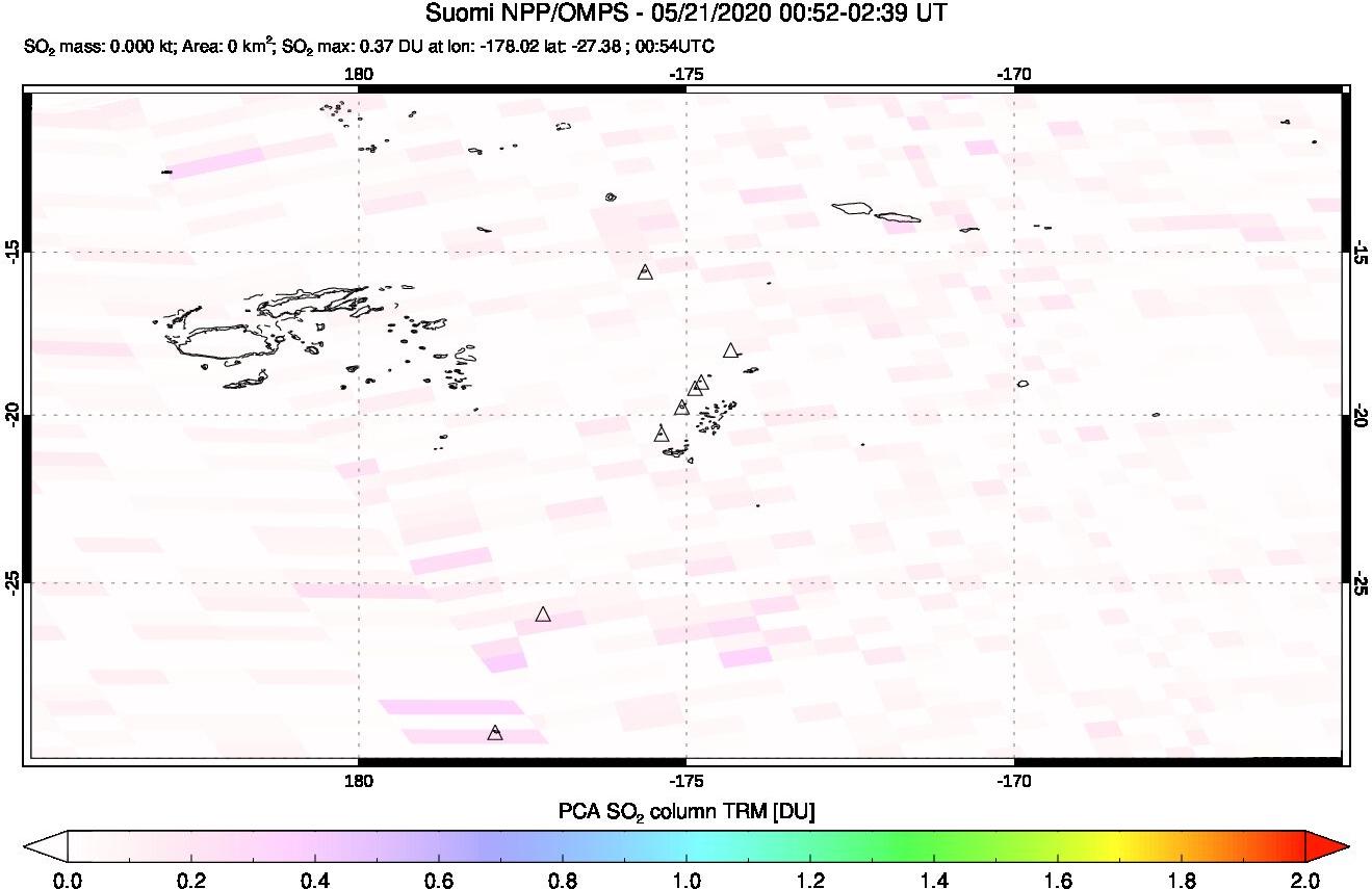 A sulfur dioxide image over Tonga, South Pacific on May 21, 2020.