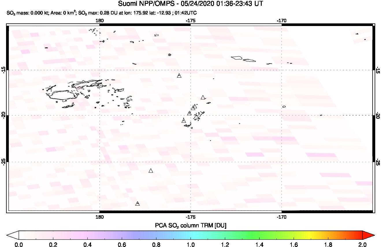 A sulfur dioxide image over Tonga, South Pacific on May 24, 2020.