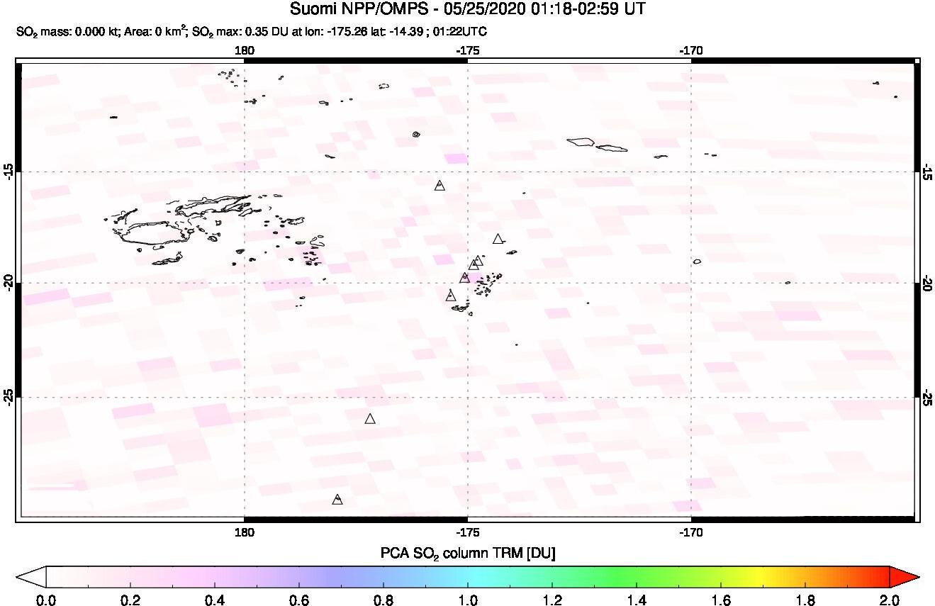 A sulfur dioxide image over Tonga, South Pacific on May 25, 2020.