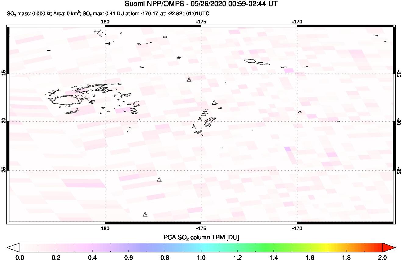 A sulfur dioxide image over Tonga, South Pacific on May 26, 2020.