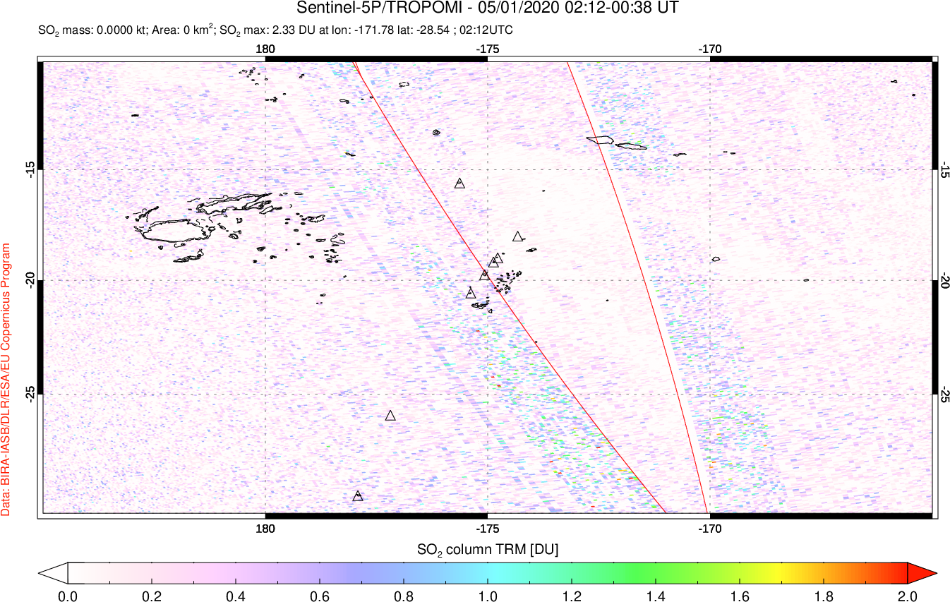 A sulfur dioxide image over Tonga, South Pacific on May 01, 2020.