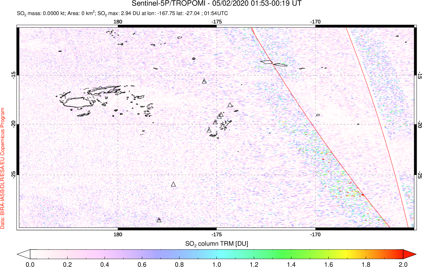 A sulfur dioxide image over Tonga, South Pacific on May 02, 2020.