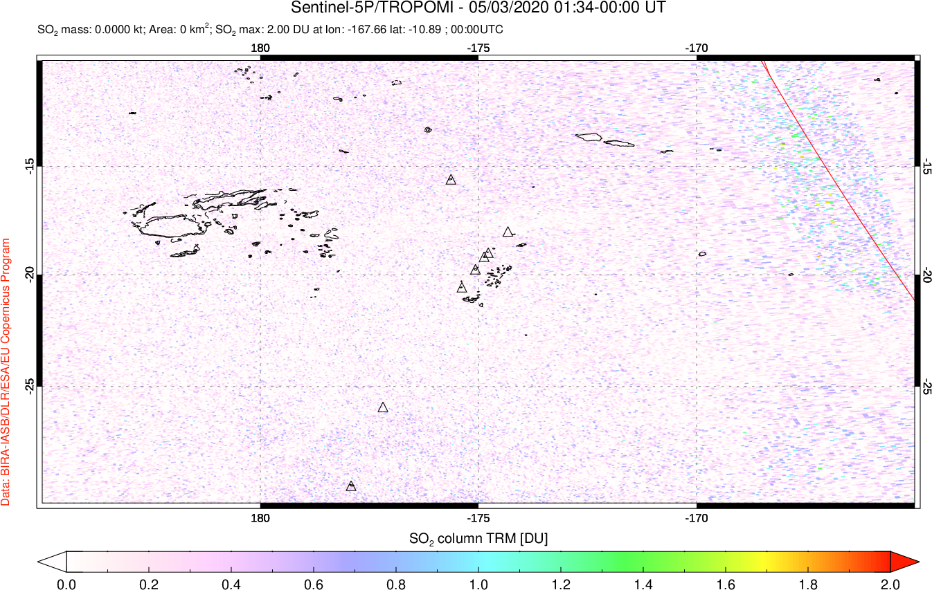 A sulfur dioxide image over Tonga, South Pacific on May 03, 2020.