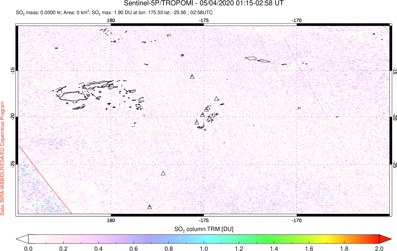A sulfur dioxide image over Tonga, South Pacific on May 04, 2020.