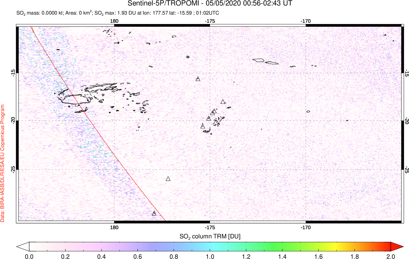 A sulfur dioxide image over Tonga, South Pacific on May 05, 2020.