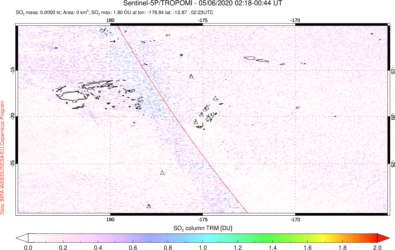 A sulfur dioxide image over Tonga, South Pacific on May 06, 2020.