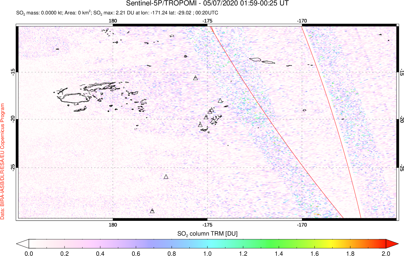 A sulfur dioxide image over Tonga, South Pacific on May 07, 2020.