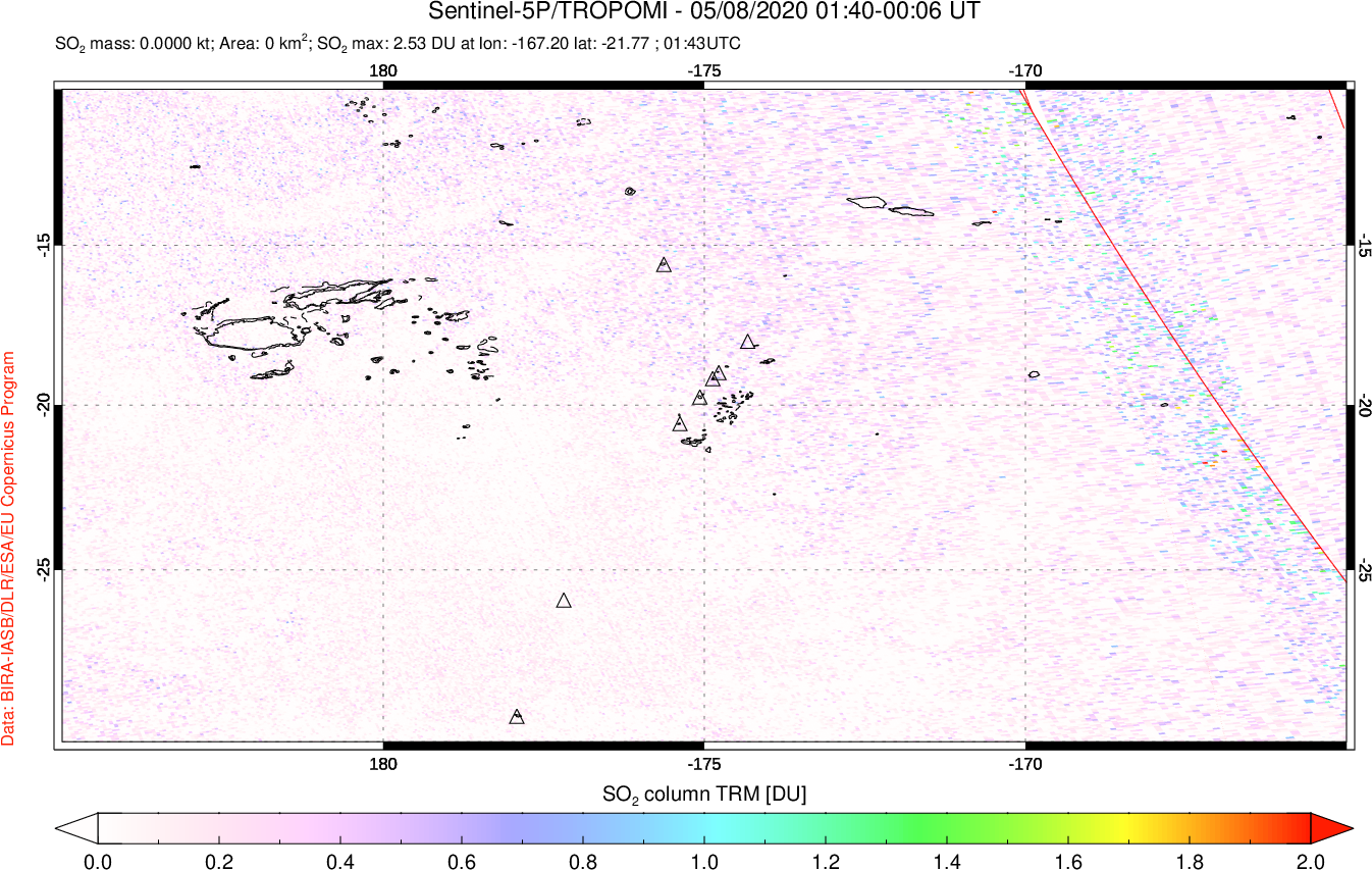 A sulfur dioxide image over Tonga, South Pacific on May 08, 2020.