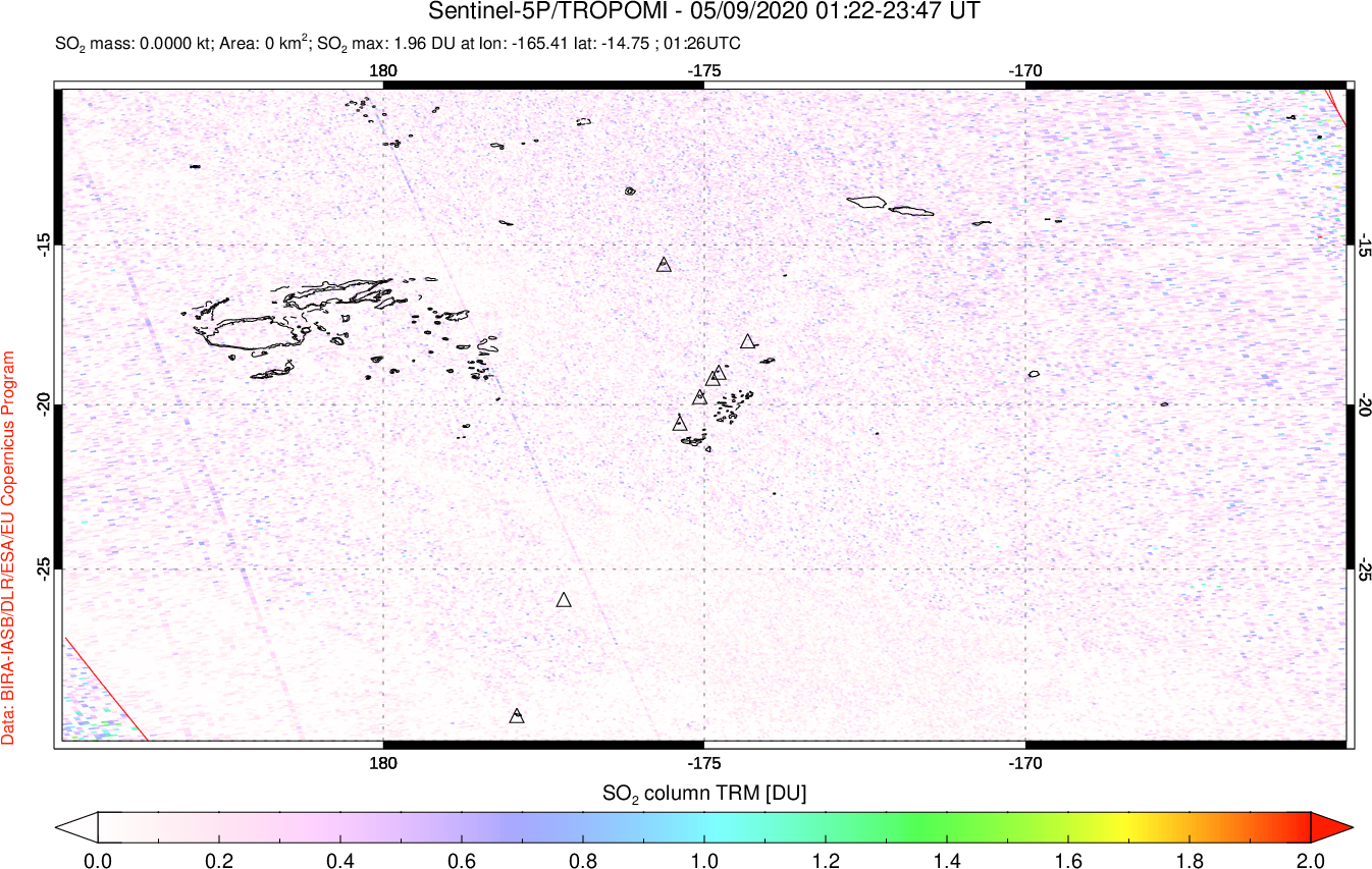 A sulfur dioxide image over Tonga, South Pacific on May 09, 2020.