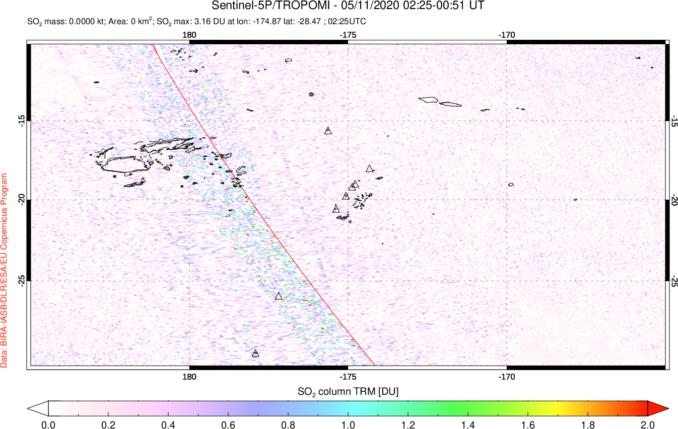A sulfur dioxide image over Tonga, South Pacific on May 11, 2020.