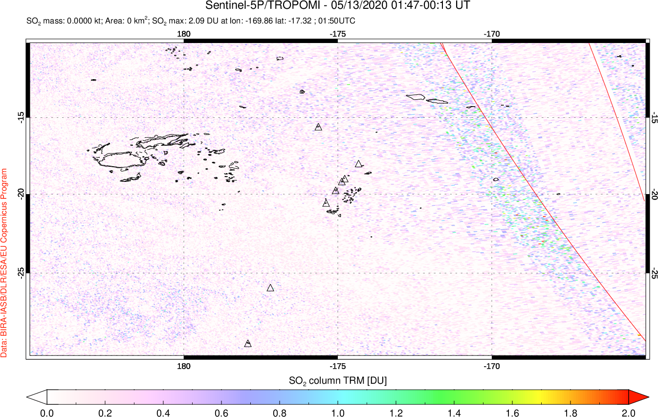 A sulfur dioxide image over Tonga, South Pacific on May 13, 2020.